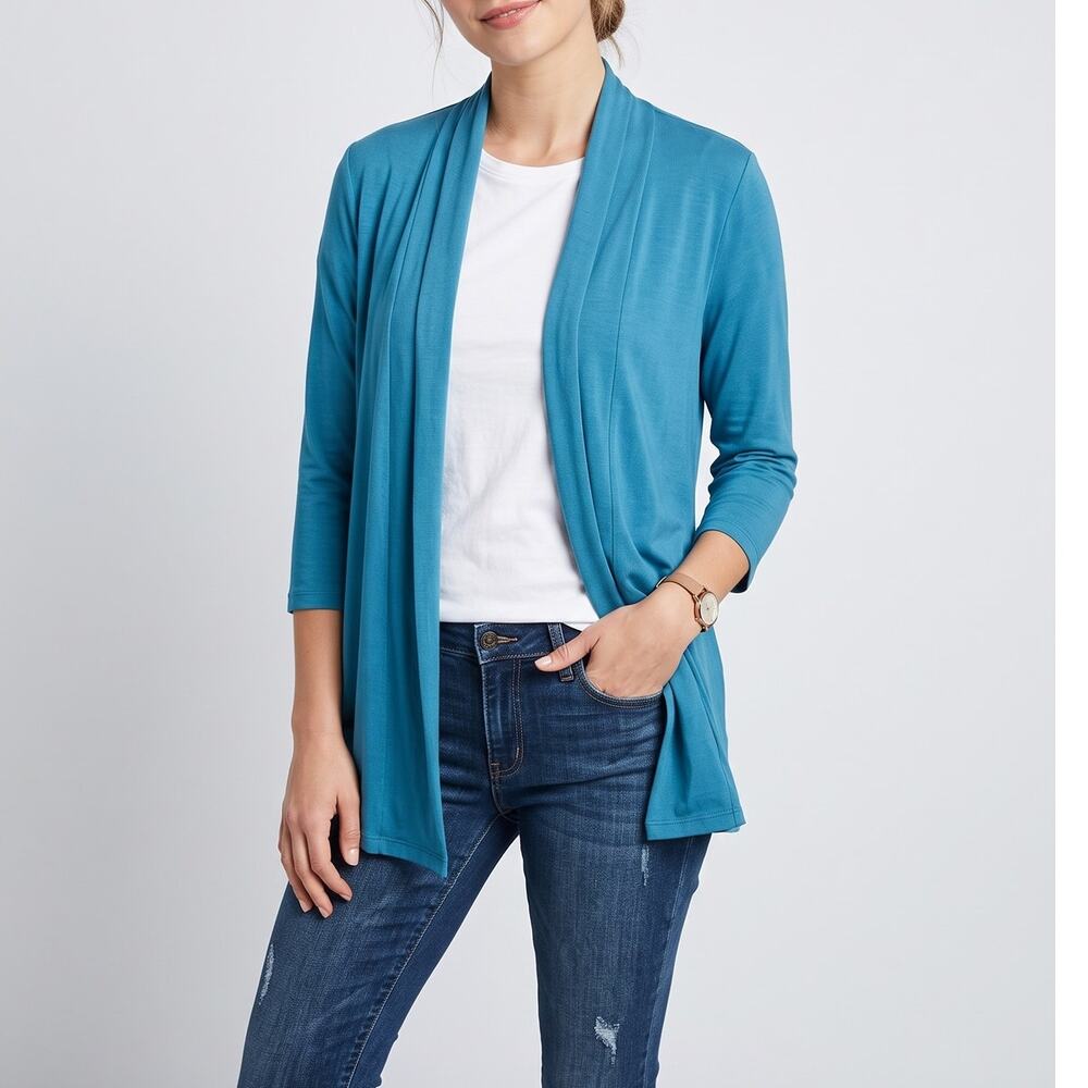 Studio Works Womens Large Blue Open Front Cardigan Draped Neckline 3/4 Sleeve